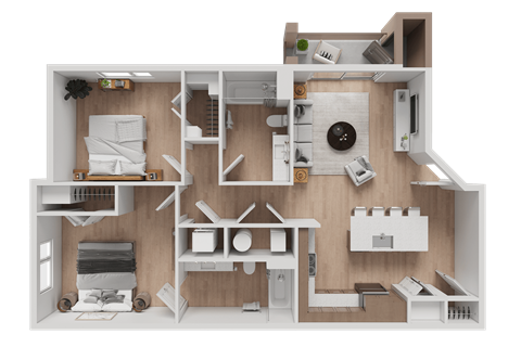 Floor plan for 2 beds, 2 baths, 931 sqft